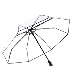 Detailed view of the fully automatic transparent folding umbrella with a black frame