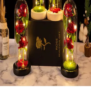 Close-up of three artificial roses in glass dome with LED lights and black gift box.