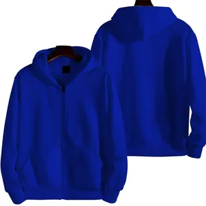 Vue avant et arrière d'un sweat à capuche bleu vif uni avec fermeture éclair et poches