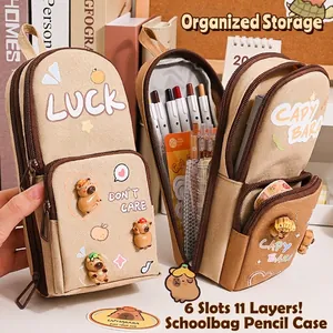 Close-up view of a cute Capybara-themed schoolbag pencil case with multi-layered compartments