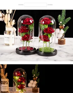 Detailed view of three artificial red roses in a glass dome with LED fairy lights