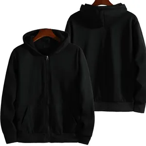 Vue avant et arrière d'un sweat à capuche noir uni avec fermeture éclair.