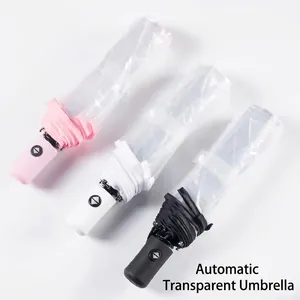 Portable Foldable Transparent Umbrella Automatic Manual 3 Fold Clear Rain Umbrellas With Daisy Cherry Blossom For Women