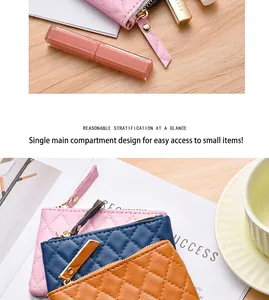Detailed view of quilted leather coin purses in pink, blue, and brown with gold zipper
