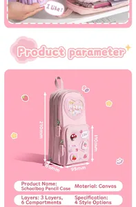 Detail of pink backpack-shaped pencil case with 3 layers and dimensions shown.