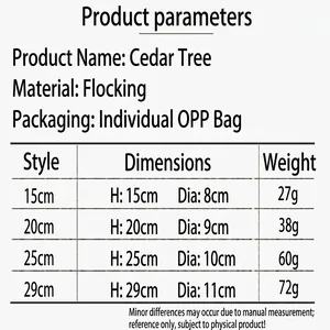 Detailed specification chart showing sizes and weights for miniature flocked cedar trees