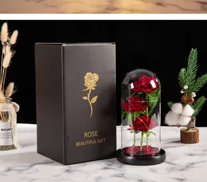 Close-up of three eternal roses in glass dome with LED lights and black gift box