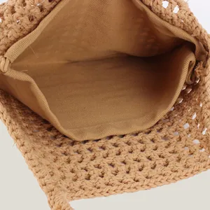 Natural cotton thread handmade woven bag with hollow mesh design and inner lining detail