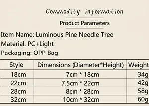 Detailed technical specifications and size chart for mini cedar tabletop Christmas trees