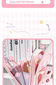Internal detail view of high-capacity pink pencil case with 6 compartments