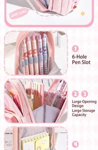 Detail view of large capacity pink pencil case with 6-hole pen slots and multi-layer design.