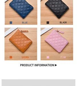 Quilted leather coin purses in four colors: blue, black, brown, and pink with zipper.