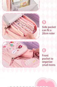 Detail of pink high-capacity pencil case with ruler storage and mesh functional pockets