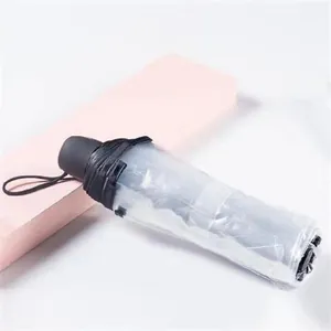 Folded transparent portable umbrella with black handle in a clear protective sleeve