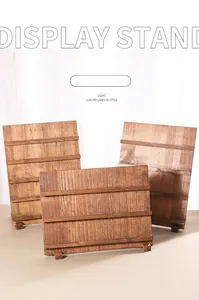 Detailed macro view of three tiered solid wood display stands for nail art and cards display