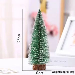Detailed close-up of a 25cm frosted mini Christmas tree on a rustic wooden base