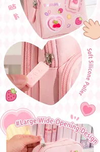 Detail view of pink schoolbag style pencil case with soft silicone zipper puller