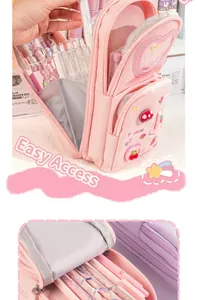 Detail showing multi-layer large capacity pink pencil case with stationery inside