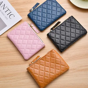 Women Quilted Rhombic PU Leather Coin Purse Mini Short Zipper Card Holder Portable Fashion Wallet Small Storage Pouch