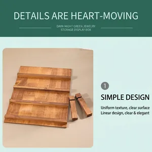 Detail view of a multi-tiered natural wooden display board for press-on nails and jewelry