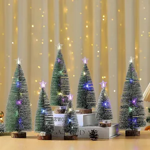 Mini Christmas Tree Snow Flocked Cedar Pine Tree With Wooden Base LED Lights Desktop Ornament For Holiday Home Office Table Decor Nordic Style Winter Gift