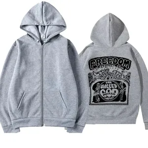 Sweat à Capuche Zippé Vintage Freedom Music Festival pour Hommes Manches Longues Doublé Polaire Casual Streetwear avec Poches