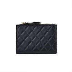 Elegant black diamond quilted coin purse with secure zipper closure for women's cards