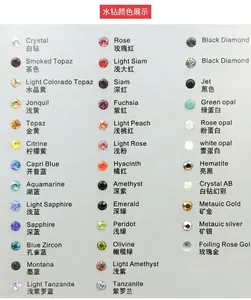 Detailed rhinestone color chart showing various gemstone shades for heart-shaped keychains