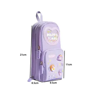 Large capacity purple backpack-style pencil case with cute stickers and dimensions
