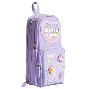 Large capacity purple pencil case featuring cute cartoon decorations and heart-shaped glitter.