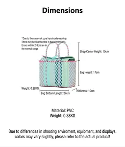 Detailed dimensions of hand-woven PVC beach tote bag with colorful design