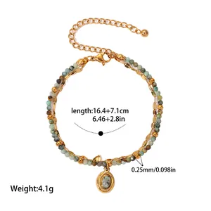 Detail view of a stainless steel layered stone bracelet with dimensions and weight