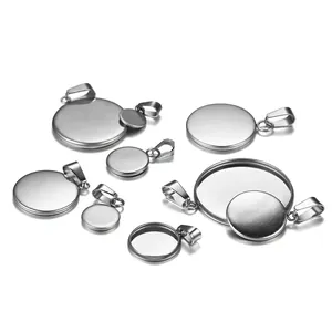 Stainless Steel Round Cabochon Setting Pendant Base With Pinch Bail For DIY Jewelry Making Bezel Tray Findings Silver Tone