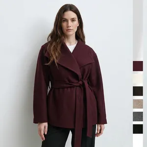 Women's Stand Collar Double-Sided Woolen Coat Mid-Length Thickened Wool Blend Jacket Solid Color Waist Belt Outerwear Top