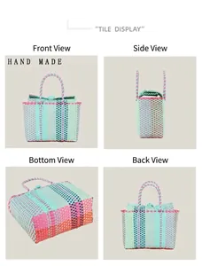 Detailed views of colorful handmade woven plastic bag from four different angles.