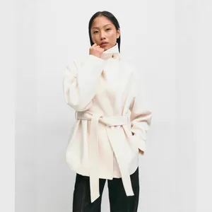 Premium off-white stand-collar double-sided wool coat with a waist belt for women