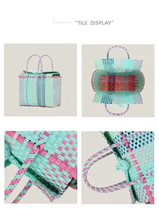 Detail view of a colorful handmade plastic woven basket bag for beach and picnic.