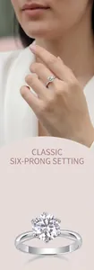 Macro detail of classic six-prong 925 silver ring with sparkling moissanite stone