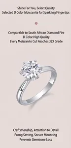Detail view of 925 sterling silver moissanite ring featuring a classic six-prong setting