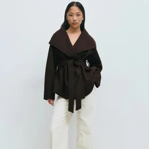 Elegant dark brown wool wrap coat with a large shawl collar and waist belt for women