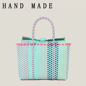 Handmade Woven PVC Handbag Contrast Color Plastic Basket For Women Beach Vacation Picnic Fresh Sweet Style Tote Bag