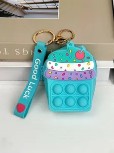 Cartoon cupcake silicone coin purse keychain with pop fidget toy stress relief features
