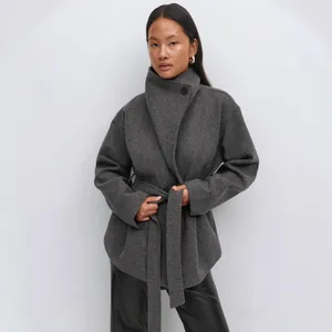 Chic grey double-sided wool coat for women featuring a stand collar and waist belt