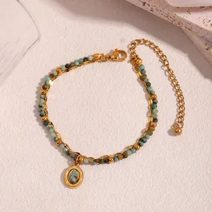Premium multi-layer stainless steel bracelet with natural stone beads and oval pendant