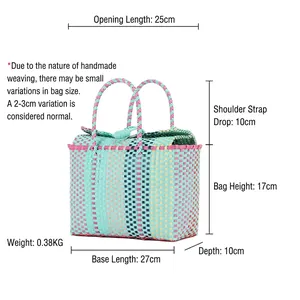 Vibrant colorful handwoven plastic tote bag for beach and picnic with size annotations