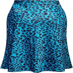 Detailed view of vibrant blue satin skirt with bold black leopard print pattern.