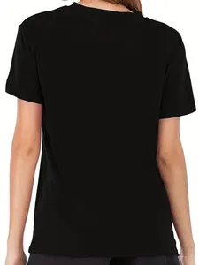 Detailed back view of a minimalist black round neck short sleeve cotton T-shirt for women