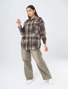 Women's American retro plaid mid-length shirt with unique bleached distressed finish