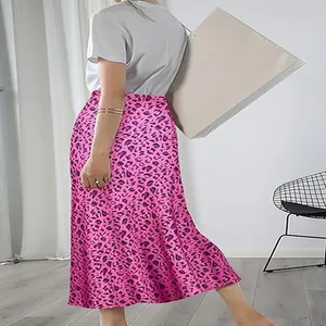 Back view of an elegant pink leopard print satin fishtail midi skirt with high waist design