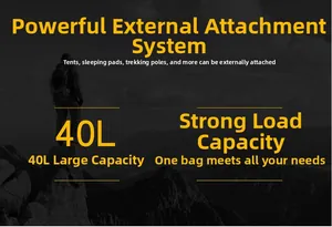 Detail highlighting the 40L large capacity and external storage of this hiking backpack.
